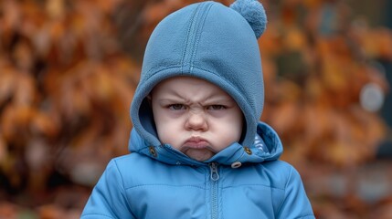 A child wearing a blue jacket with a hood, adorned with bear ear accents