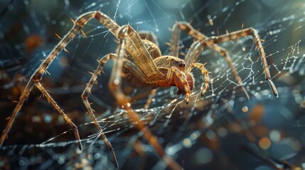 Skillful spider artfully constructing elaborate silken snare in extreme close-up
