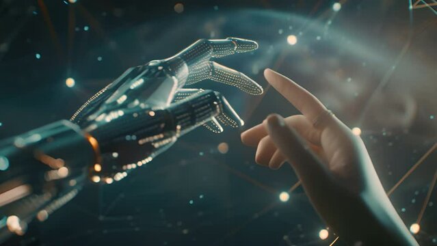 AI machine learning data exchange robot hand and human touch in big data network connection deep learning artificial intelligence,