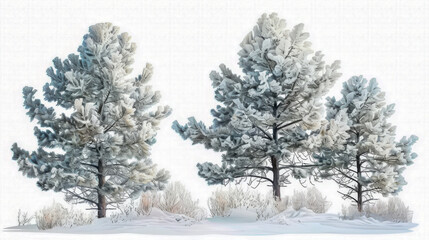 Snow-covered pine trees in a calm winter landscape, evoking a peaceful and cold mood in watercolor style