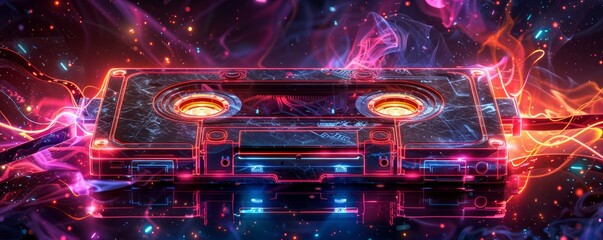 Vibrant neon cassette tape art with a vintage music theme