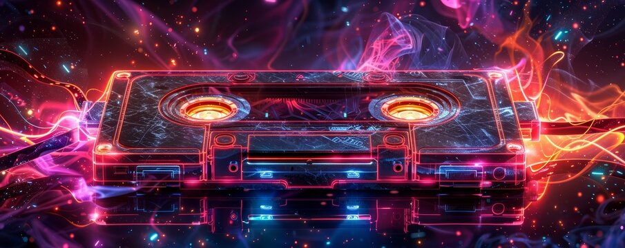 Vibrant neon cassette tape art with a vintage music theme