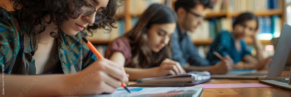 Poster students are engaged in studying at the library, focusing on education and learning. they work toget