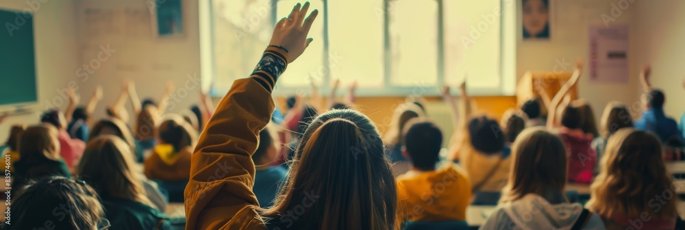 Poster In a dynamic classroom, students actively participate in discussions, showing enthusiasm for learning and engaging with the lesson content, creating an engaging educational experience