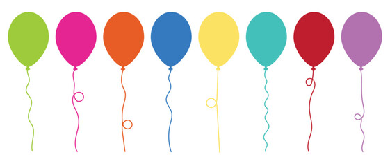 Balloon in cartoon style. Bunch of balloons for birthday and party. Flying balloon with rope. Set of colored party balloons tied with strings isolated on white background.  © Quirk Craft Studio