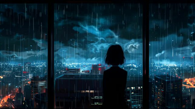 Silhouetted girl observing the city during a rainstorm beyond the window. Anime or digital painting style, looping 4k video animation background