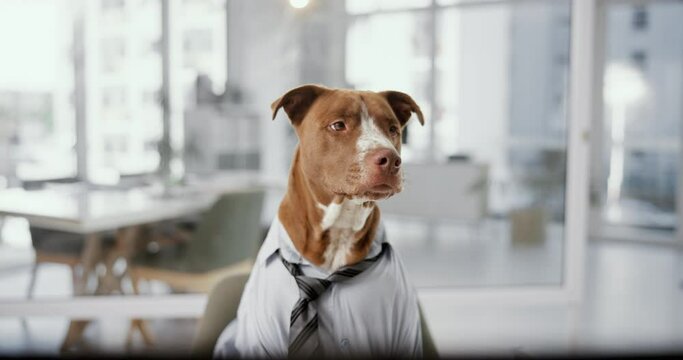Office, laptop and business dog at desk with research, online networking and service animal in shirt. Consultant, agent or support pitbull at computer in professional career at pet friendly workplace