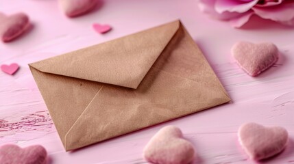 Romantic composition with an envelope and hearts on a pink surface
