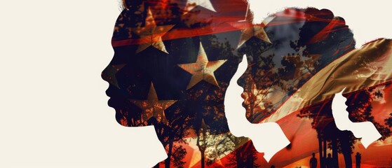 Silhouettes of people with American flag overlay, symbolizing diversity and patriotism.