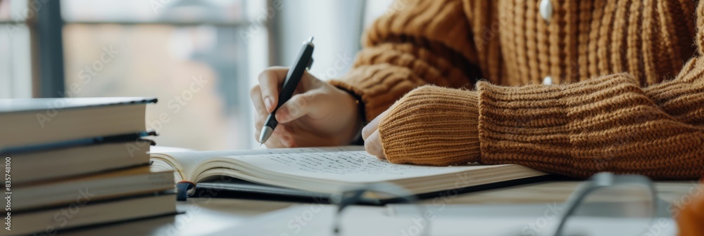 Poster a person, shown in a closeup, writes notes in a journal at a study desk, representing learning and a