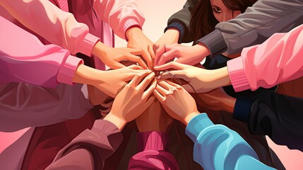 A team of professionals in a huddle, hands stacked together in the center, symbolizing unity and collective effort towards a common goal. Painting Illustration style, Minimal and Simple,