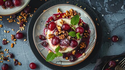 Plum dessert with dried grapes nuts and grains