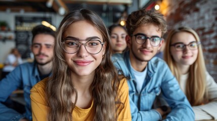  A group of people seated next to one another face a brick wall One woman wears glasses, while two men don yellow and blue shirts, respectively