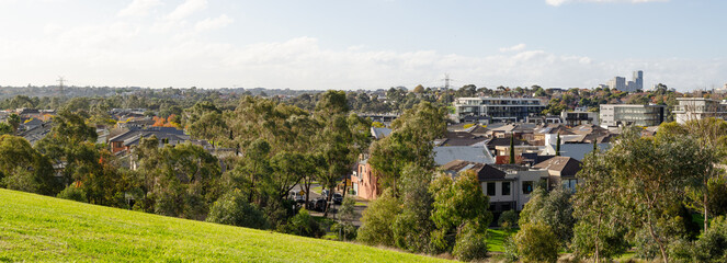 Background texture of an elevated panoramic view of Melbourne’s suburbs, with residential houses and Australian homes in a neighborhood. Maribyrnong, VIC, Australia. Concept of real estate and housing