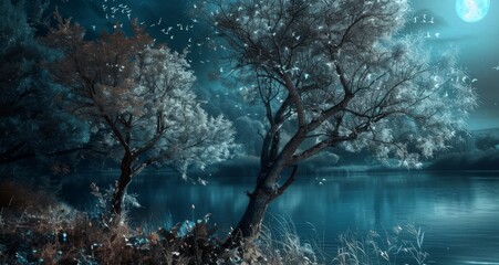 Enchanted Night Landscape with Moonlit Lake and Mystical Trees  Perfect for Posters and Backgrounds