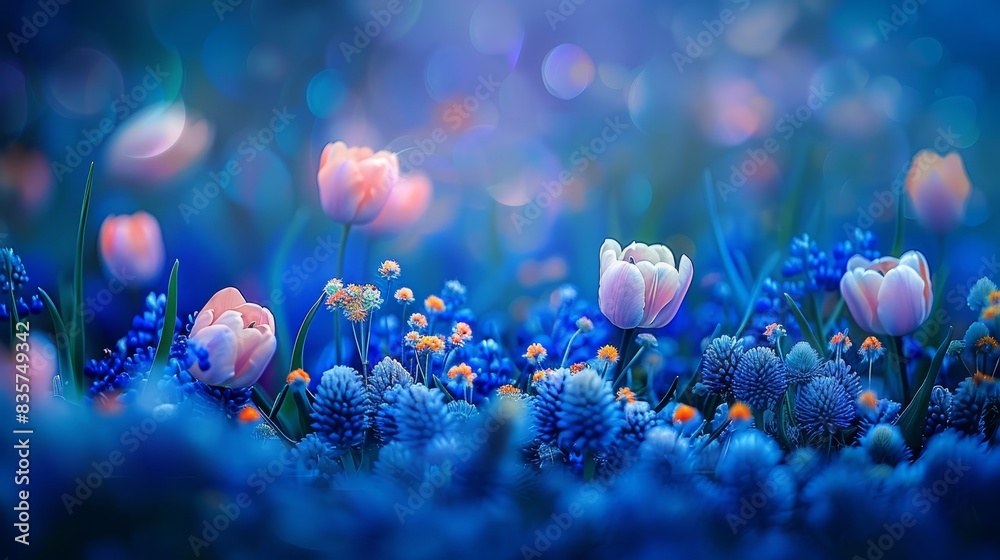 Sticker blue and pink blooms populate the foreground, while mid-ground showcases a blend of blurred blue and