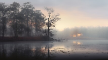 Obraz premium Serene Lake with Forest and Illuminated Cabin at Dawn for Tranquil Nature Retreats