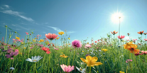 Modern summer banner with lush field of blooming wildflowers against blue sky