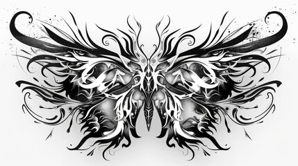 Modern acid graphic design clip art of butterfly shape with gothic flame and emo goth aesthetic in black and white aggressive line art style