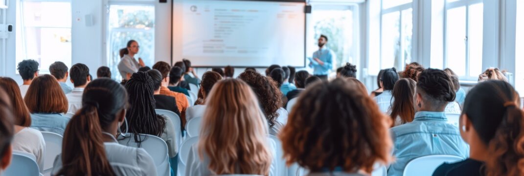 A large group of diverse attendees are present at a professional business seminar featuring presentations, speakers, and modern technology in an indoor setting for networking and learning