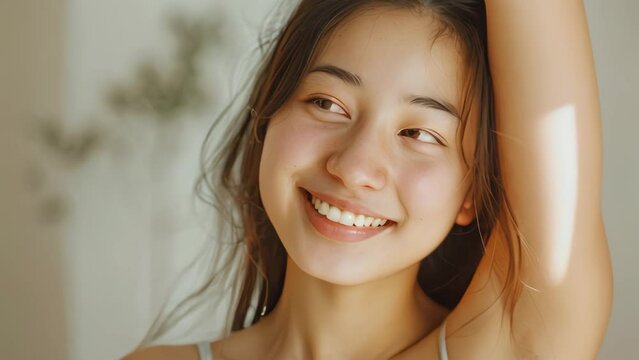 Young Asian woman with smooth underarms on white background.  