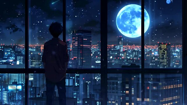 Silhouette of a boy gazing moon at the city beyond the window during calm night. Anime or digital painting style, looping 4k video animation background