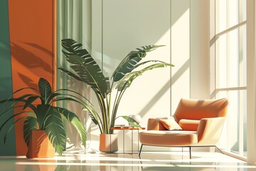 Frans Claerhout style green orange beige tropical neutral flat design front view cartoon drawing vivid