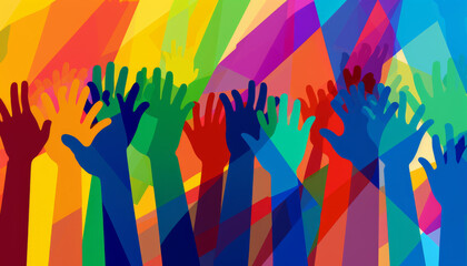A colorful image of many hands reaching up in the air
