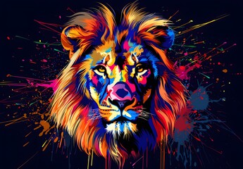 Colorful lion head with splash paint isolated on a black background