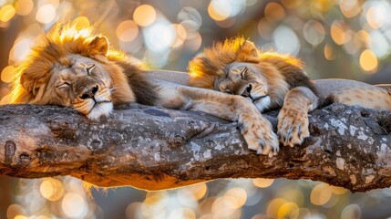  A couple of lions lounging on a tree branch against a backdrop of a lush green forest with abundant yellow and orange autumn foliage