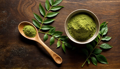 A wooden spoon with green henna powder or in it sits next to a bowl of green powder and green leaves