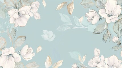 Cherry Blossoms floral, luxury botanical on light blue background vector, empty space in the middle to leave room for text or logo, gold line wallpaper, leaves, flower, foliage, hand drawn