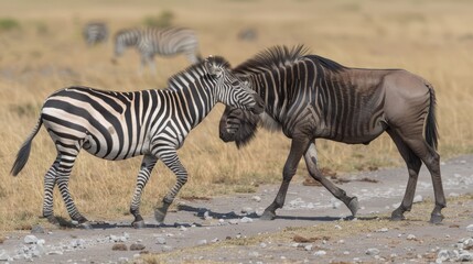 Obraz premium A couple of zebras stand side by side on a dry, grass-covered field Beyond them, a distance away, is a field filled with tall, dry grass harboring more