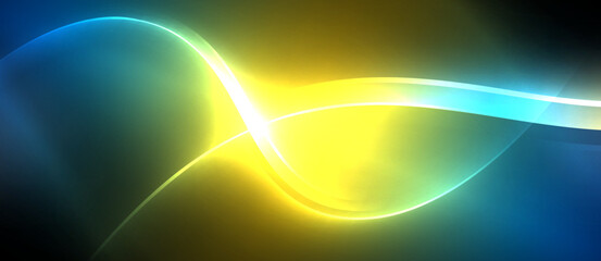 Neon glowing circle rays, light round lines in the dark, planet style neon wave lines. Energetic electric concept design for wallpaper, banner, background