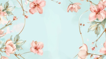 Cherry Blossoms floral, luxury botanical on light blue background vector, empty space in the middle to leave room for text or logo, gold line wallpaper, leaves, flower, foliage, hand drawn