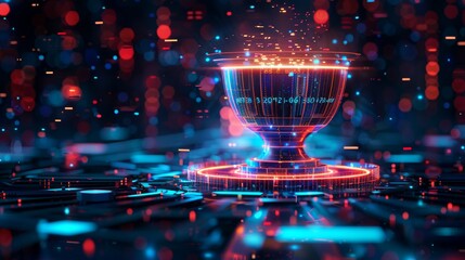 A futuristic 3D illustration of a digital trophy floating in a virtual space, symbolizing excellence in the digital age.