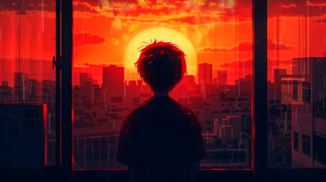 Silhouette boy observing in rain the city Beyond the Window at sunset. Fantasy landscape anime or cartoon style, looping 4k video animation background