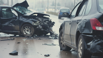Accident between two cars. Severe damage and torn metal