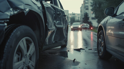 Accident between two cars. Severe damage and torn metal