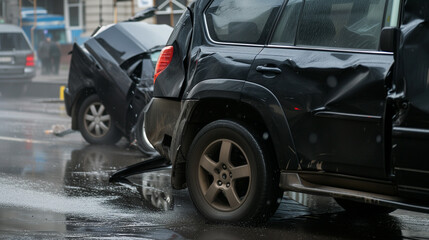Accident between two cars. Severe damage and torn metal