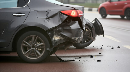 Accident between two cars. Severe damage and torn metal