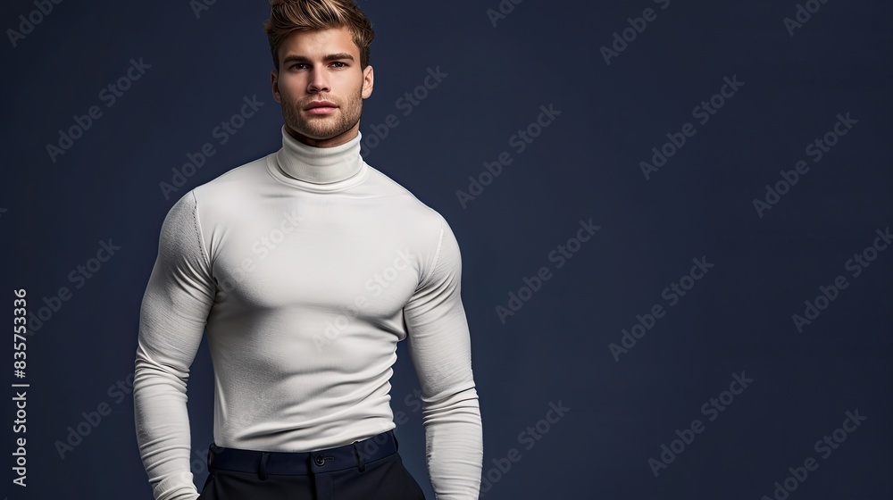 Wall mural Male fitness model in a fashionable white turtleneck with dark trousers, isolated on a navy blue background - Wall murals