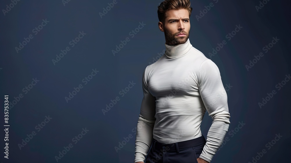 Wall mural Male fitness model in a fashionable white turtleneck with dark trousers, isolated on a navy blue background