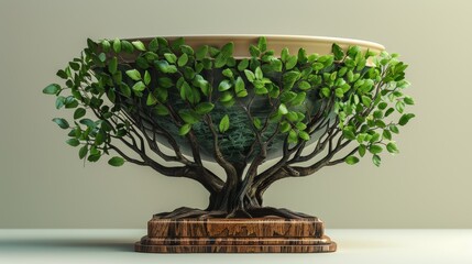 A creative 3D interpretation of a trophy, incorporating elements of nature such as leaves and branches, symbolizing growth and accomplishment.