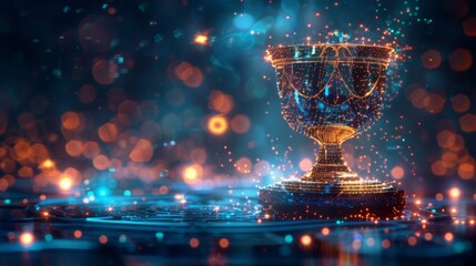 A conceptual 3D artwork of a trophy cup floating in a digital environment, blending traditional and modern elements, ideal for technology-related themes.