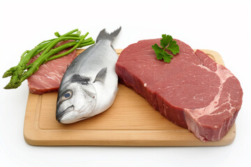 Cutting board with fish, piece of meat and herbs on a white background
