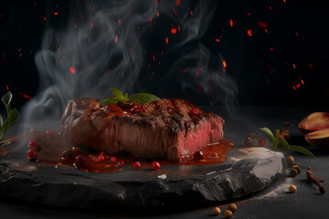 A steak with sauce and garnish on a stone platter, with smoke rising from it