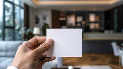 Hand holding a blank business card with a professional office in the background