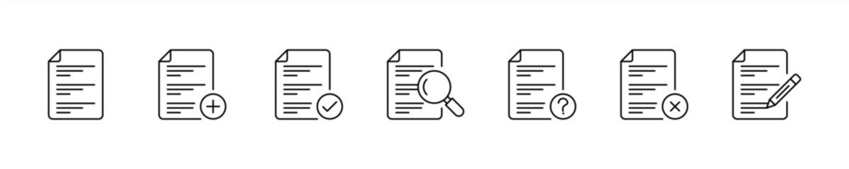 set of paper document icon thin line style. quality control, checklist, document page with check mark, magnifier, pencil, write icon. vector illustration