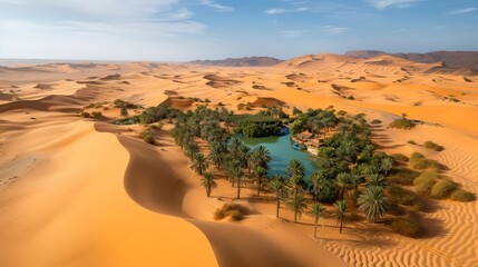 the intricate patterns of a desert oasis surrounded by sand dunes